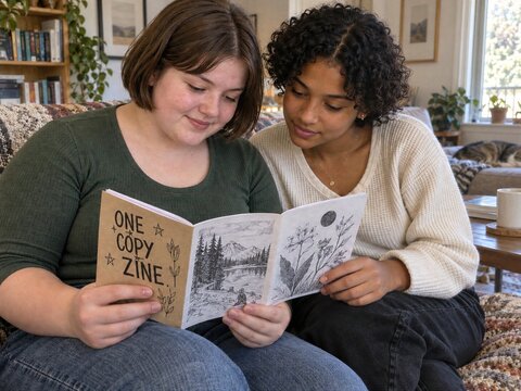 Two Young Women Reading a Zine Together on a Couch