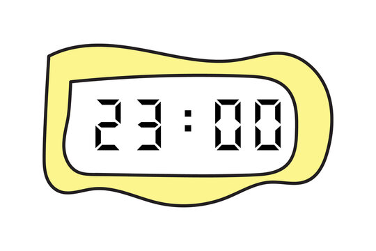 manual scribbles of a yellow digital clock showing 23:00 on a white background