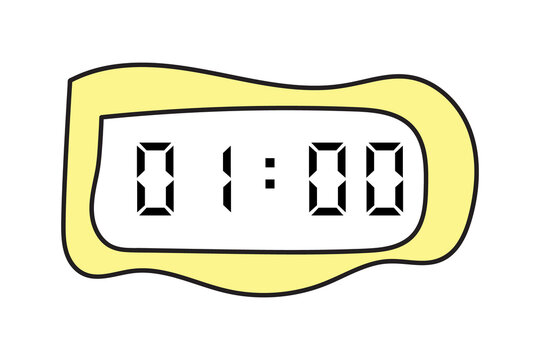 manual scribbles of a yellow digital clock showing 01:00 on a white background