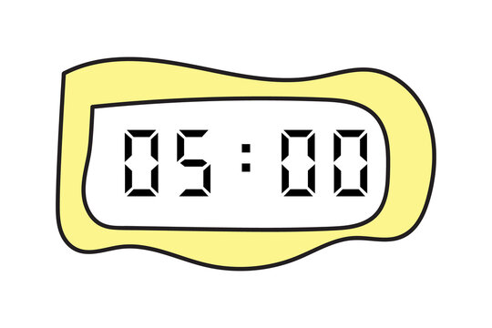 manual scribbles of a yellow digital clock showing 05:00 on a white background