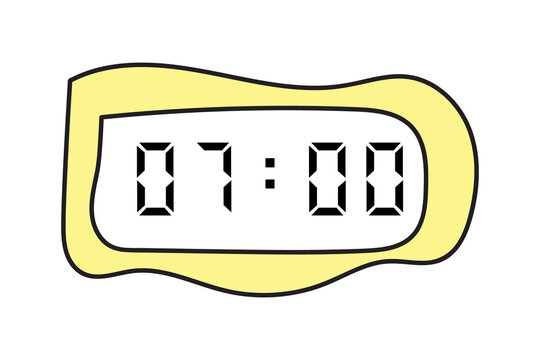 manual scribbles of a yellow digital clock showing 07:00 on a white background