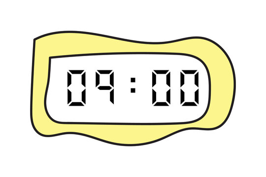 manual scribbles of a yellow digital clock showing 09:00 on a white background