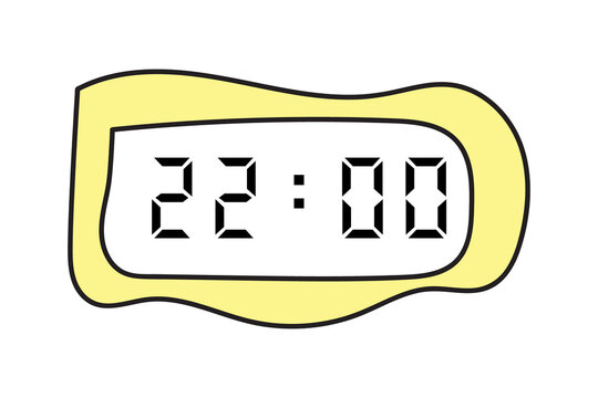 manual scribbles of a yellow digital clock showing 22:00 on a white background