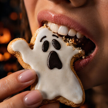 Ghost-shaped cookie bitten by a woman.