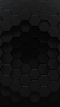 Black honeycomb render of patterned hexagons in a slow wave ripple. 3d rendered sleek hex patterns for a professional abstract background presentation template with a dark tone and a smooth loop.