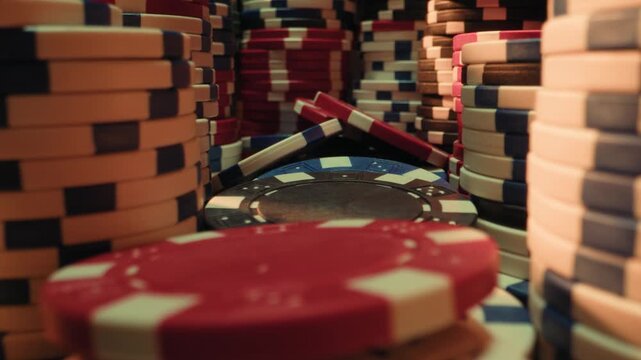 Casino player, Game of poker in casino, taking place with poker chips and cards on a green table betting chips, gambling place, roulette jack pot. All in bet game. 