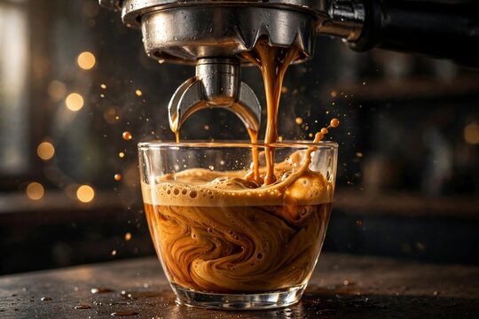 Espresso shot extracting from a portafilter into a glass cup