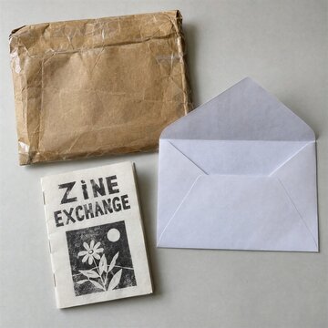 Zine Exchange Booklet With Kraft Mailer and Open White Envelope
