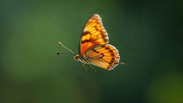Butterfly with patterned wings in flight, nature and transformation concept
