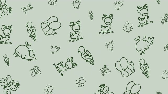 seamless pattern video animation with animal deer,bird,whale and bee.