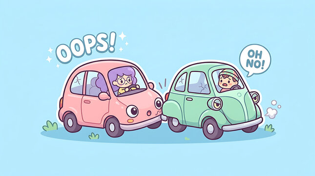 Cartoon Collision Between Pink and Green Cars in Road Scene