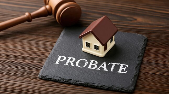 Probate law concept with a miniature house, judge gavel and estate assets on a dark wood table