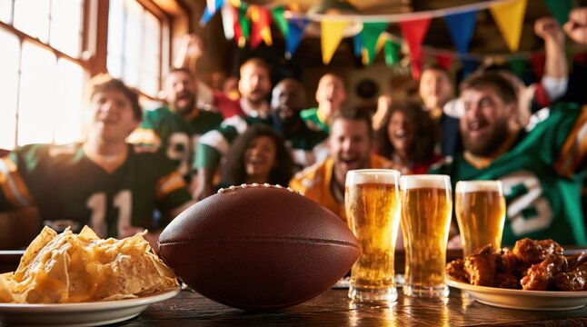 Football fans celebrating a sports game in a pub with beer and nachos with a group of friends