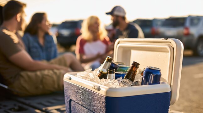 Tailgate party with friends gathering outdoors at sunset with a cooler full of cold beer drinks