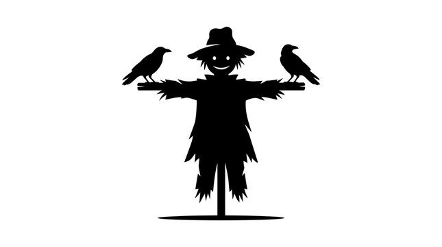 Black silhouette of a smiling scarecrow wearing a hat and tattered clothes, standing with arms outstretched and two crows perched on its shoulders, isolated on white background.