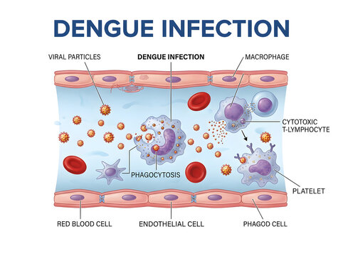 Dengue infection process in human cells diagram isolated on white background