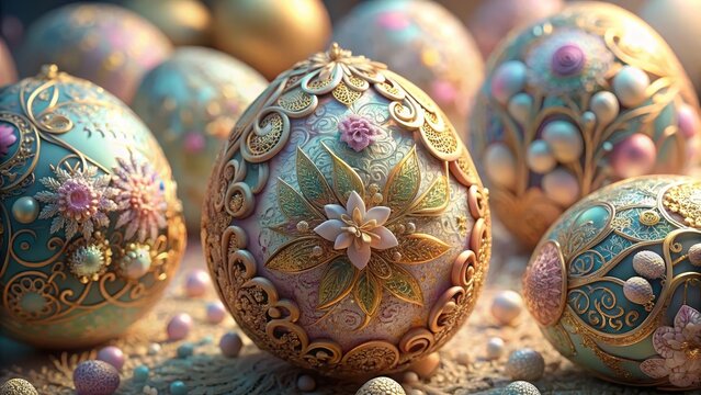 Delicate pastel hues dance amidst intricate lace and golden filigree on ornate easter eggs adorned with floral motifs