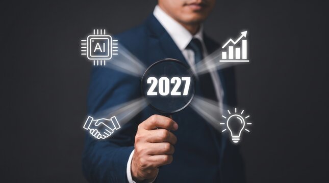 Businessman holding magnifying glass showing future year twenty twenty seven planning