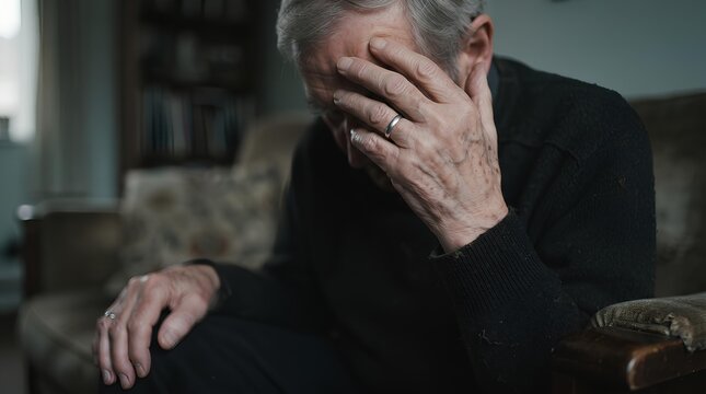 Close-up and minimalist. Aged man feel dizzy and headache at home. 