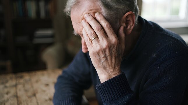 Close-up and minimalist. Aged man feel dizzy and headache at home. 