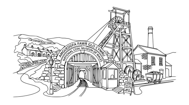 Coal Mine Headframe and Entrance, Industrial Heritage Illustration