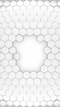White background of patterned hexagons. 3d rendered hex shapes creating a bright visual of gentle motion for an abstract background presentation template template with blank center. 3d render. Loop