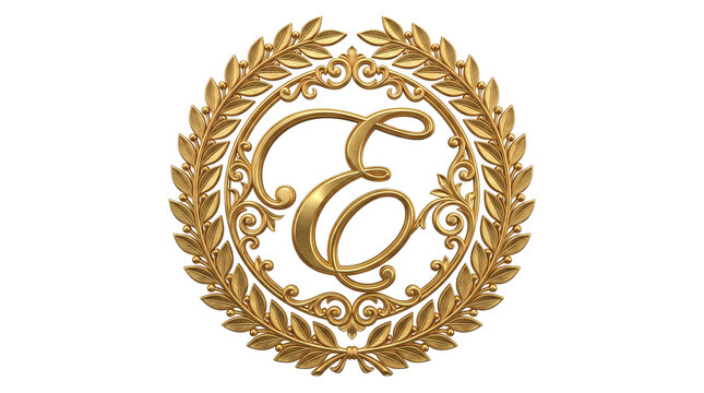 Luxury golden letter E monogram emblem, elegant vintage metallic crest with laurel wreath frame, ornate gold monogram logo symbol on white background