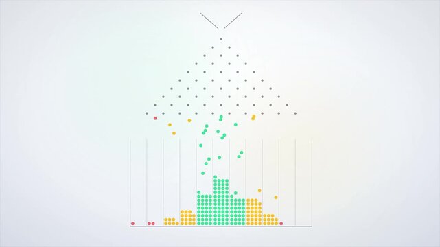Clean White Galton Board Simulation with Green Balls Dropping into Gaussian Bell Curve Histogram, Probability Distribution Explainer for Math Lessons and Data Reports. Seamless Loop