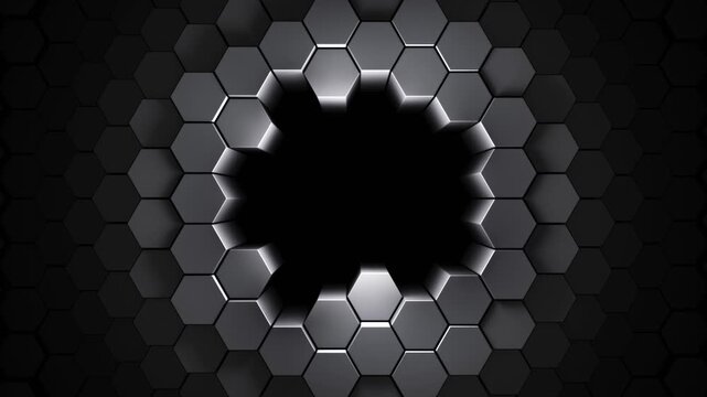 Black background of patterned hexagons. 3d rendered hex shapes creating a visual of sleek shadowy motion for an abstract background presentation template with mask, green screen. 3d render Loop.