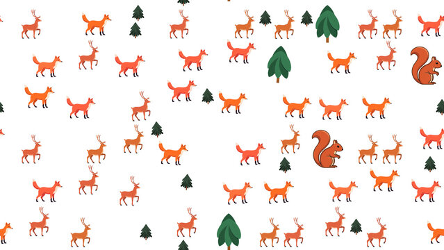 Pattern of foxes, deer, and squirrels with trees