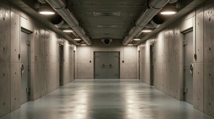 Fototapeta premium Minimal bunker corridor with reinforced concrete, bright lights, vents, and secure doors provides a clean modern look Generative AI