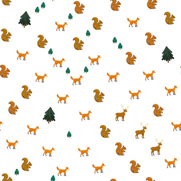 Seamless pattern with cartoon foxes, squirrels, and deer