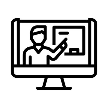 Online education icon showing a teacher presenting on a computer screen.