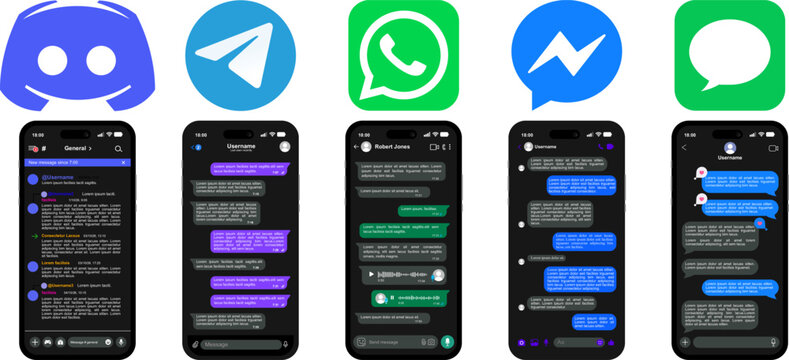 Dark mode messaging app interface vector mockups on smartphones, popular social media chat UI collection including Discord Telegram WhatsApp and Messenger, modern mobile dark theme set