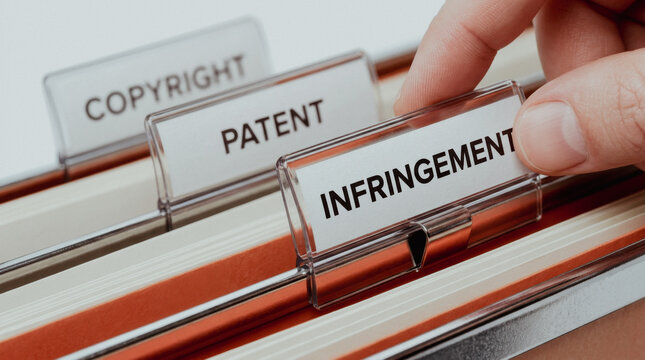 Hand selecting a file folder labeled infringement in a cabinet