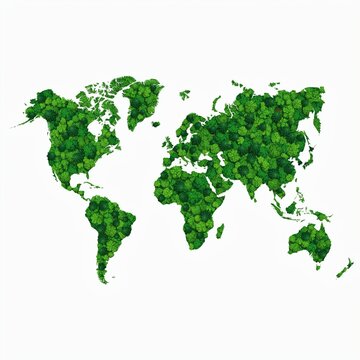 Green world map made of lush green trees and forest ecosystem concept on white background