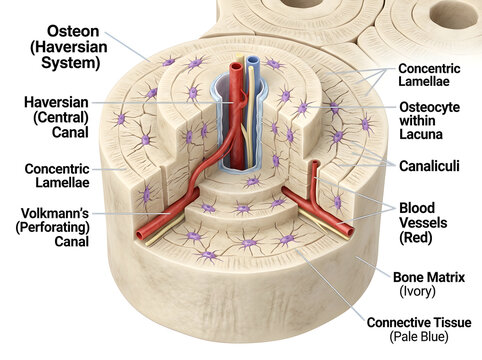 Detailed diagram of osteon haversian system in bone structure isolated on white background