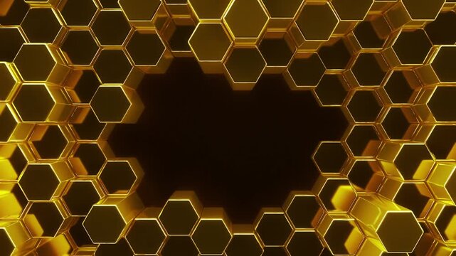 Brilliant golden honeycomb background. 3d rendered hex in sleek shiny gold creating a aura of wealth and luxury for glamorous gold backgrounds. Gold hexagons with empty center frame. 3d render loop.