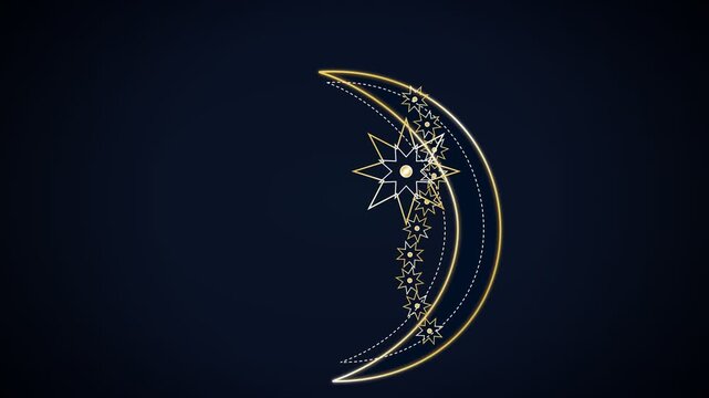 Glowing golden crescent moon with geometric star patterns on dark background