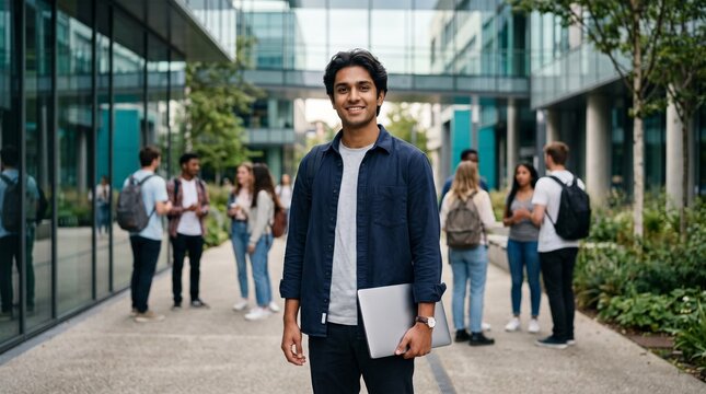 Confident Indian male college student holding laptop standing on modern university campus outdoors, cheerful young adult scholar on academic background, smart diversity youth learner