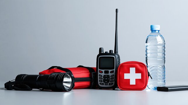 Severe weather preparedness items arranged with space for public safety messaging Generative AI
