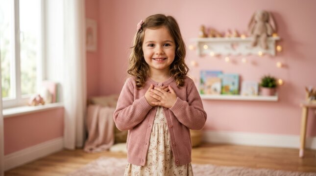 Young girl standing in pink bedroom with hands on chest.