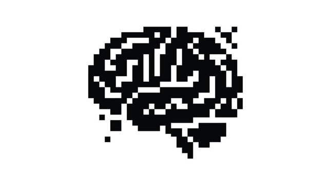 Abstract pixel art style human brain silhouette icon isolated on a clean white background for tech design