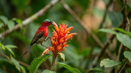 Fototapeta premium Colorful sunbird perched on bright orange tropical flower.