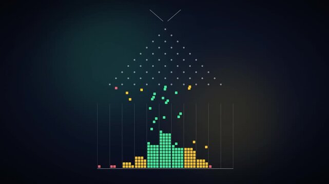 Galton Board Animation Forming Normal Distribution Bell Curve with Mint and Gold Data Blocks, Statistics and Probability Infographic for Education Videos. Seamless Loop