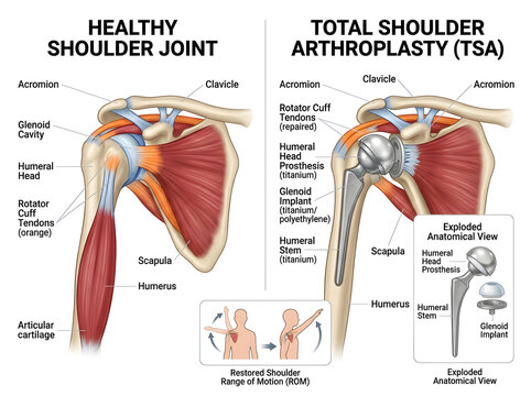 Healthy shoulder joint vs total shoulder arthroplasty comparison isolated on white background