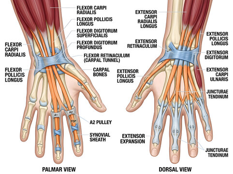 Human hand anatomy showing flexor and extensor muscles palmar and dorsal view isolated on white background