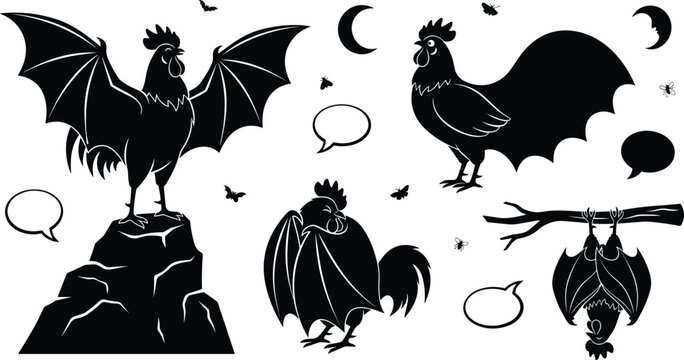 Spooky Halloween vampire chicken and rooster silhouette set vector icon collection with bat wings and crescent moon