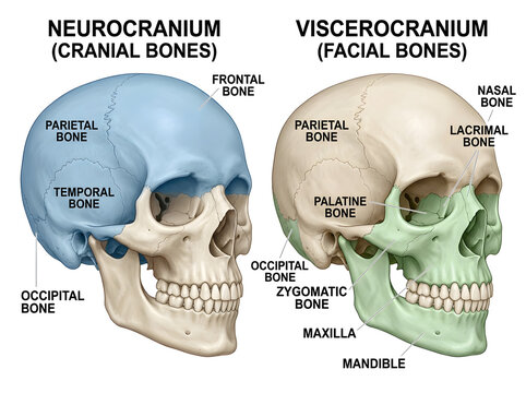 Human skull showing neurocranium and viscerocranium bones labeled isolated on white background