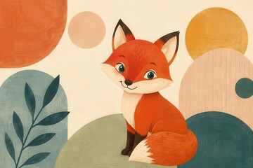 Fototapeta premium Cute orange fox illustration with abstract woodland shapes
